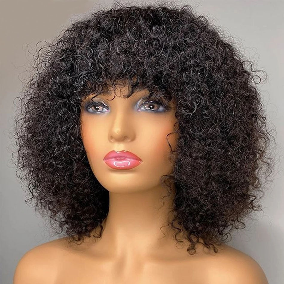Bob Weave Wig with Bangs, Short Kinky Curly Human Hair Fringe Wig| ISEE HAIR