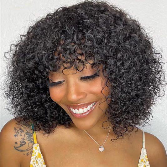 Bob Weave Wig with Bangs, Short Water Wave Human Hair Fringe Wig| ISEE HAIR