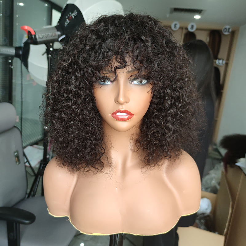 Bob Weave Wig with Bangs, Short Water Wave Human Hair Fringe Wig| ISEE HAIR