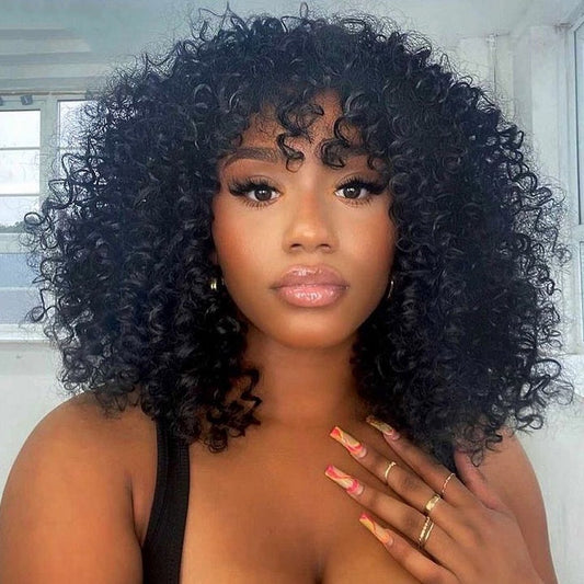 Bob Weave Wig with Bangs, Short Kinky Curly Human Hair Fringe Wig| ISEE HAIR
