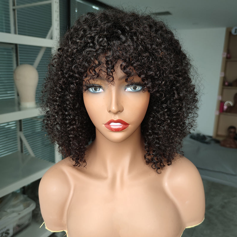 Bob Weave Wig with Bangs, Short Kinky Curly Human Hair Fringe Wig| ISEE HAIR