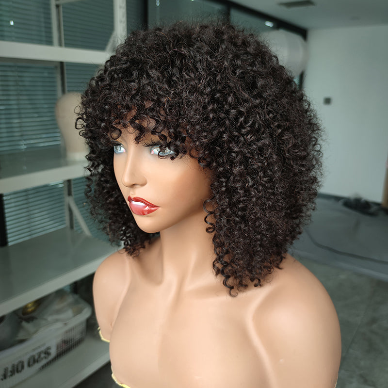 Bob Weave Wig with Bangs, Short Kinky Curly Human Hair Fringe Wig| ISEE HAIR