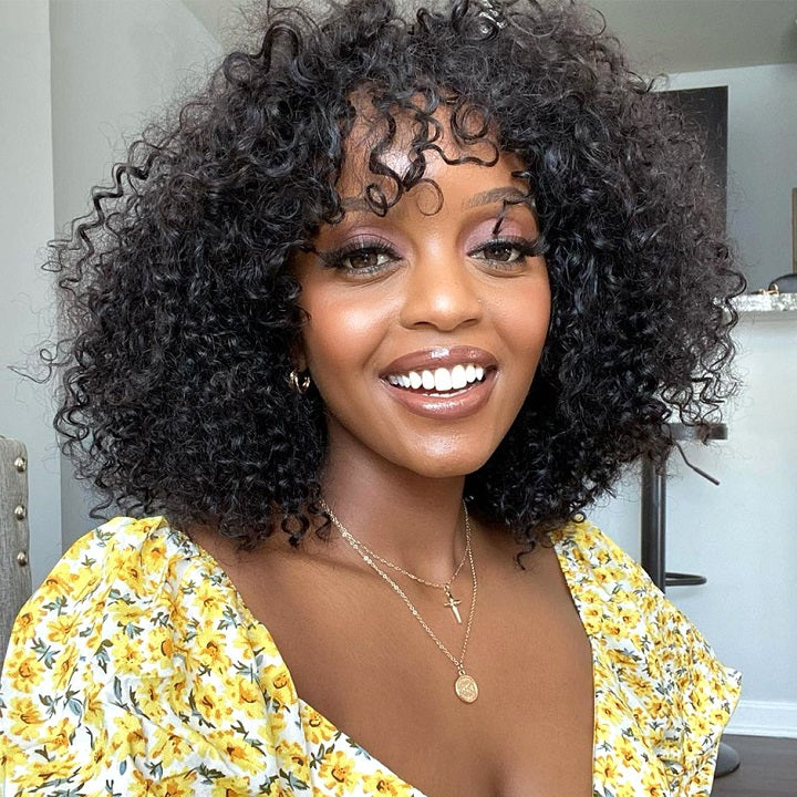 Bob Weave Wig with Bangs, Short Kinky Curly Human Hair Fringe Wig| ISEE HAIR