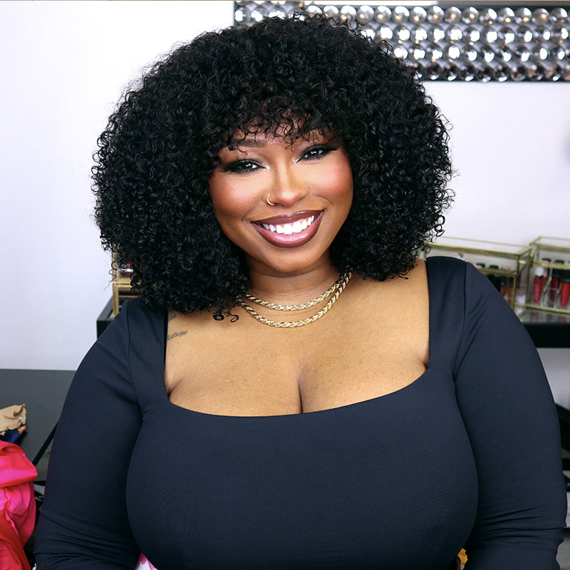 Bob Weave Wig with Bangs, Short Kinky Curly Human Hair Fringe Wig| ISEE HAIR