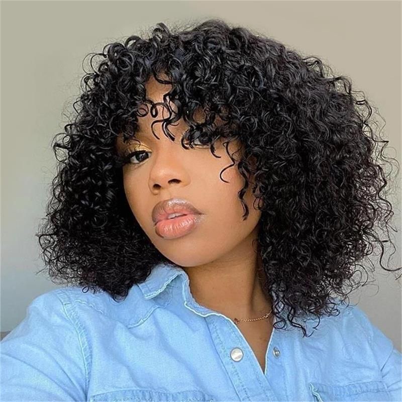 Bob Weave Wig with Bangs Short Kinky Curly Human Hair Fringe Wig ISEE HAIR